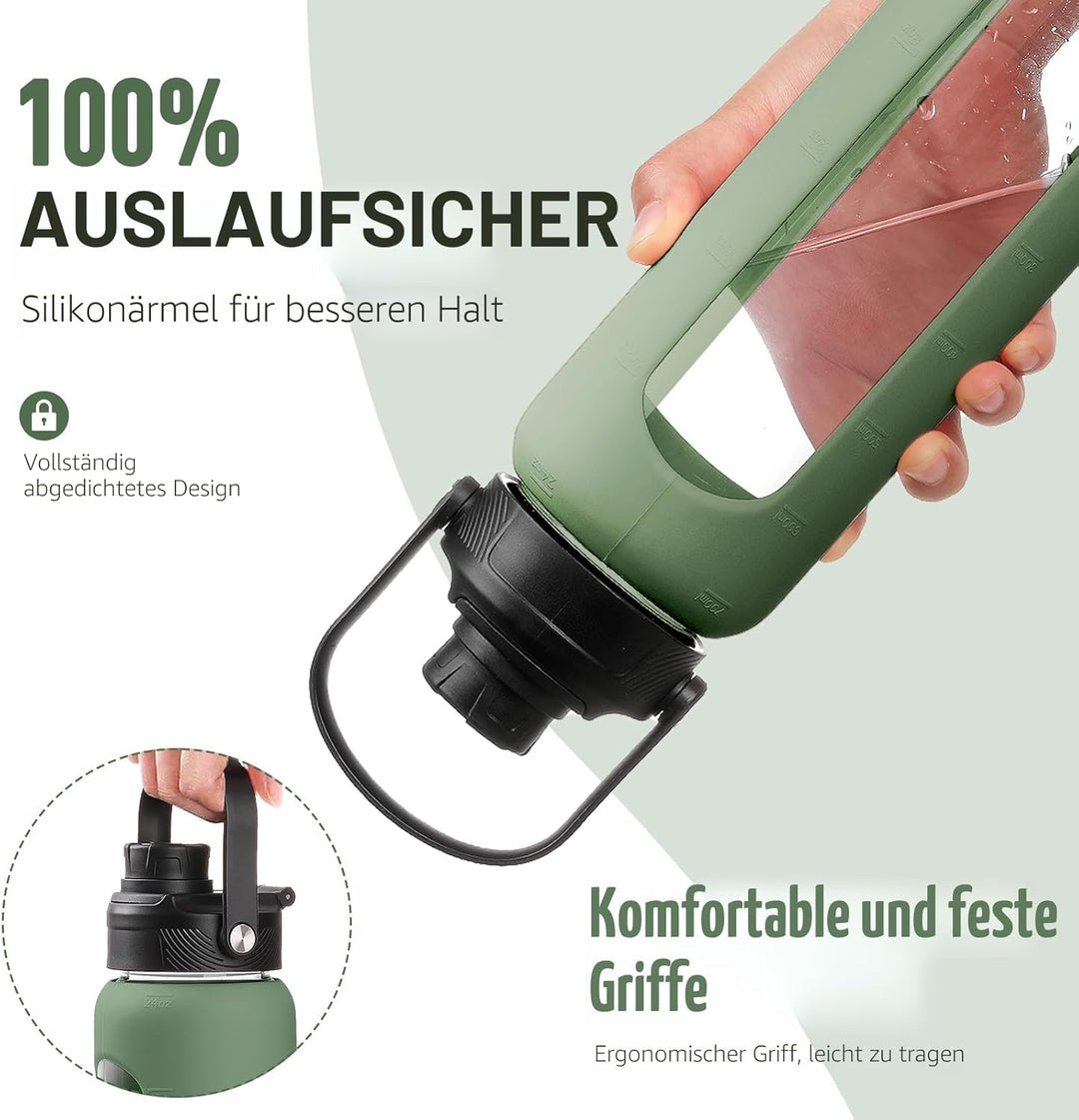 BLUEGO Trinkflasche Glas 700ml Sport Wasserflasche mit 2 Deckeln und Strohhalm Auslaufsichere Glasfl