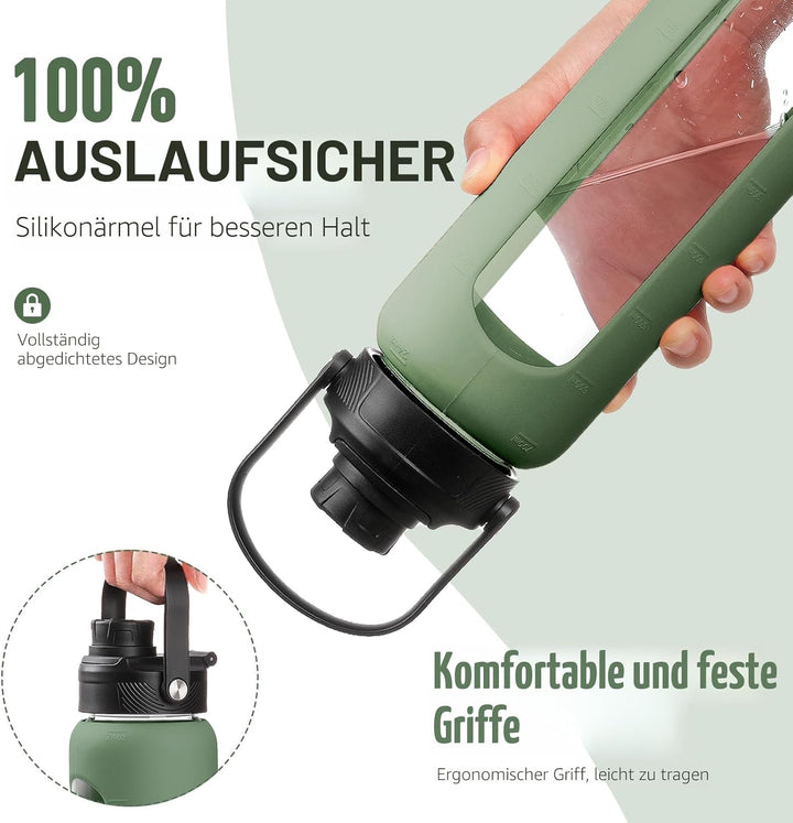BLUEGO Trinkflasche Glas 700ml Sport Wasserflasche mit 2 Deckeln und Strohhalm Auslaufsichere Glasfl