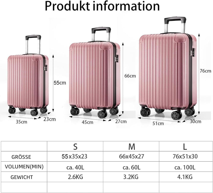 Koffer Trolley Mittelgross 66x45x27cm, Hartschalen Reisekoffer mit 4 Rollen & Zahlenschloss, leicht