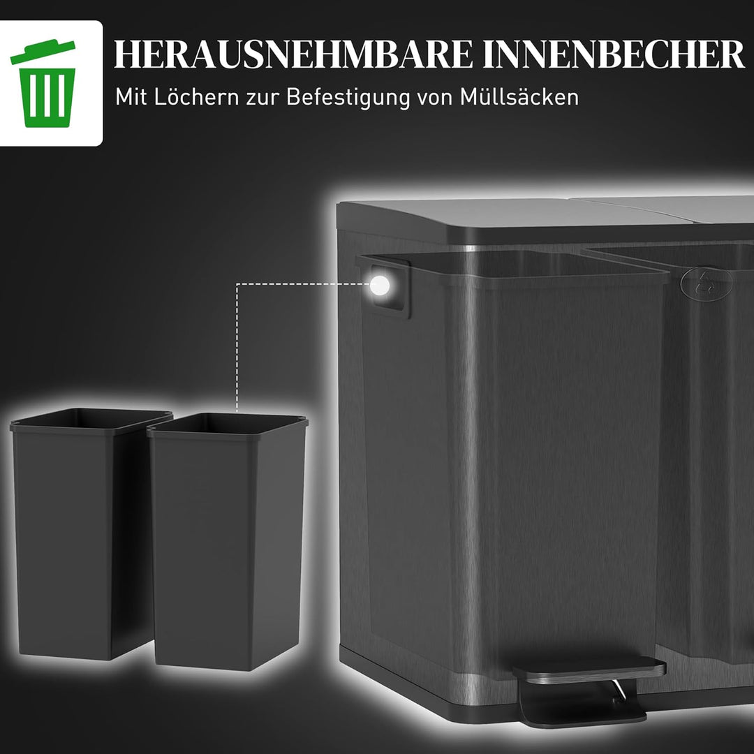 HOMCOM Mülleimer 2 x 15L Abfalleimer aus Edelstahl Mülltrennsystem mit Softclose Deckel, Herausnehmb