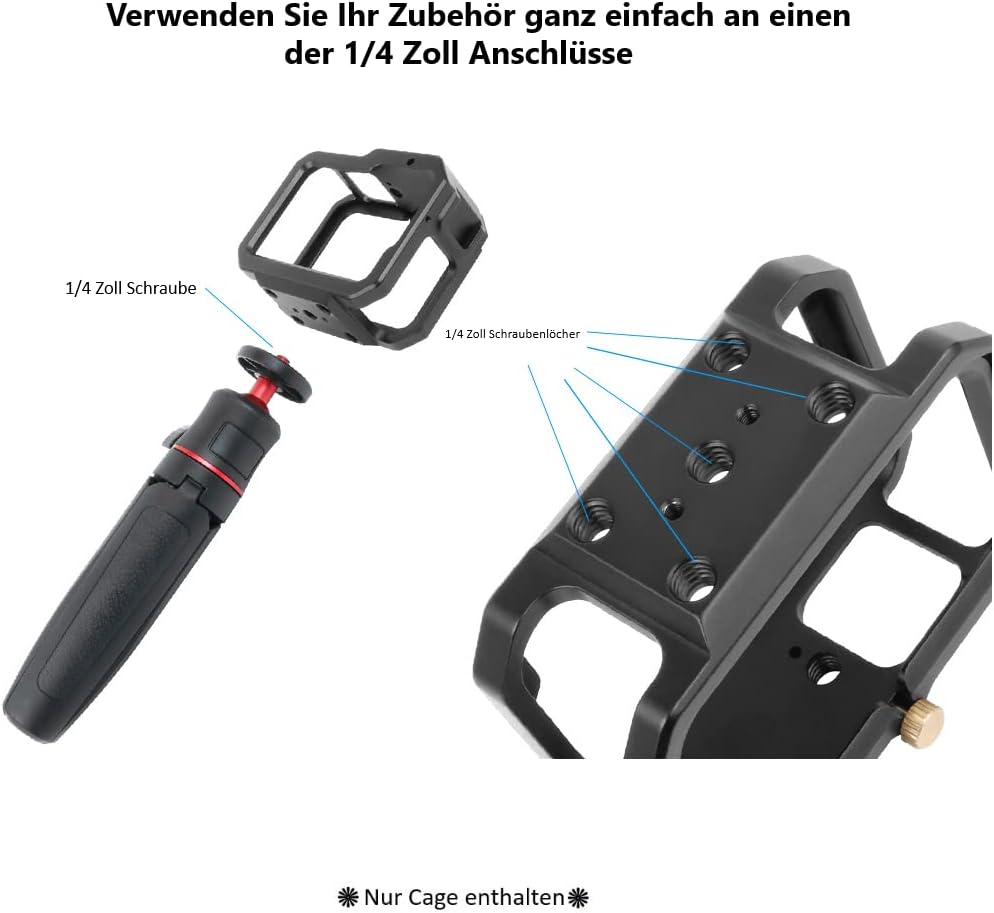 Schutzgehäuse Schutzrahmen Cage Passend für GoPro Hero 9, 10 &amp; 11 - Stabiler Cage mit 2 Hot-Shoe-Ans