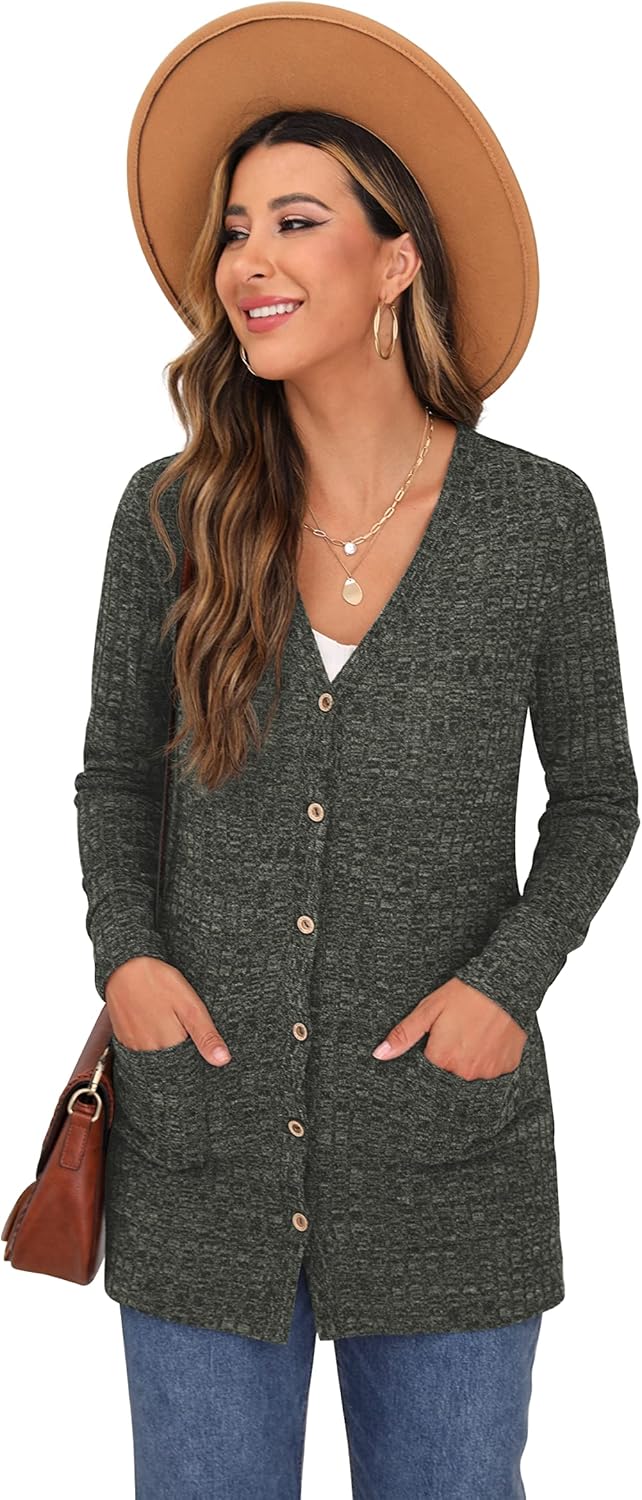 GRECERELLE Damen Leichte Strickjacke Lang mit Taschen und Knöpfen Long Elegant Cardigan V-Ausschnitt