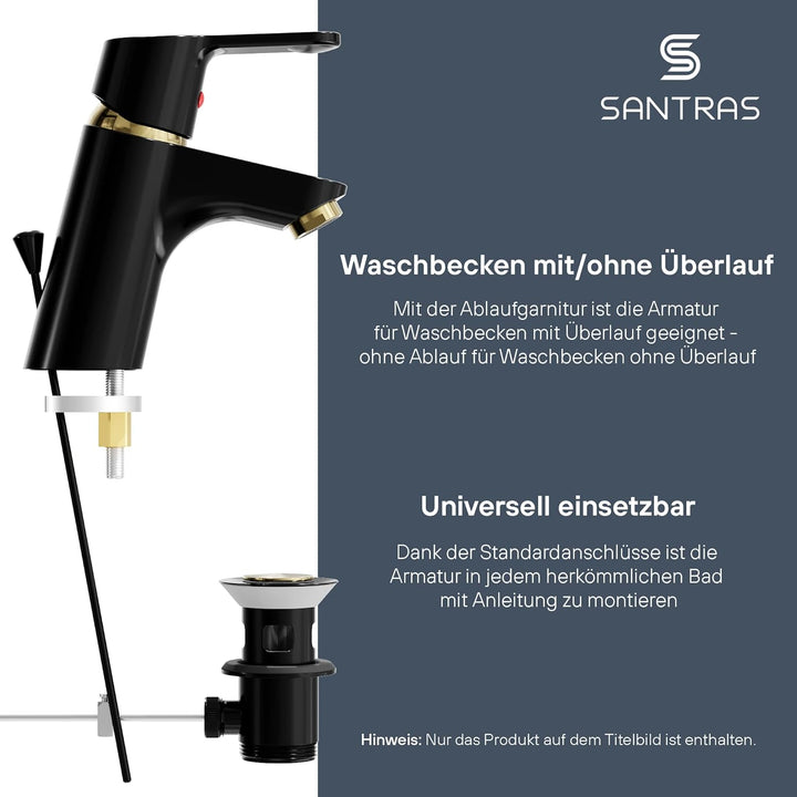 SANTRAS® Waschtischarmatur für das Bad mit Zugstange in Schwarz/Gold – Einhebel-Mischarmatur warm ka
