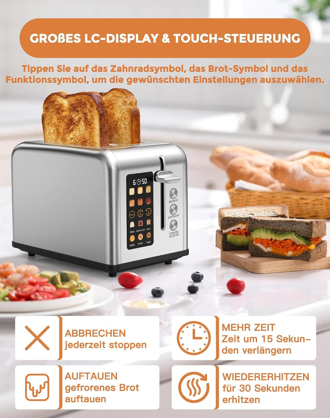 Toaster 2 Scheiben, LED-Touchscreen, Edelstahl Langschlitztoaster, 6 Bräunungsstufen, 6 Brotprogramm