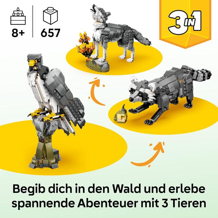 LEGO Creator Waldtiere: Wolf Spielzeug - Tierfigur mit 2 Bauoptionen - Falke oder Waschbär - DIY Dek