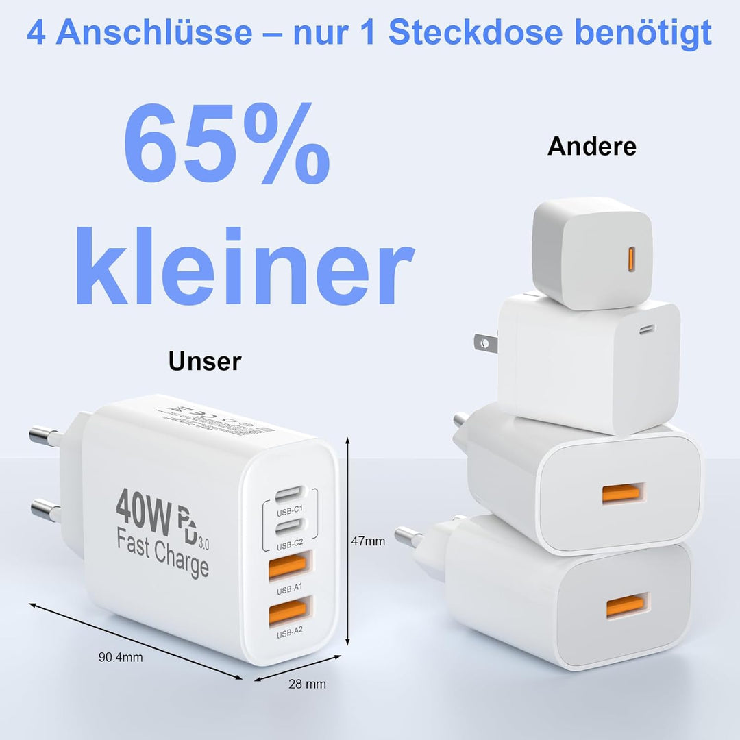 2er Pack USB C Ladegerät, 4 Ports 40W Mehrfach Schnellladegerät Netzteil Power Adapter Für iPhone 17