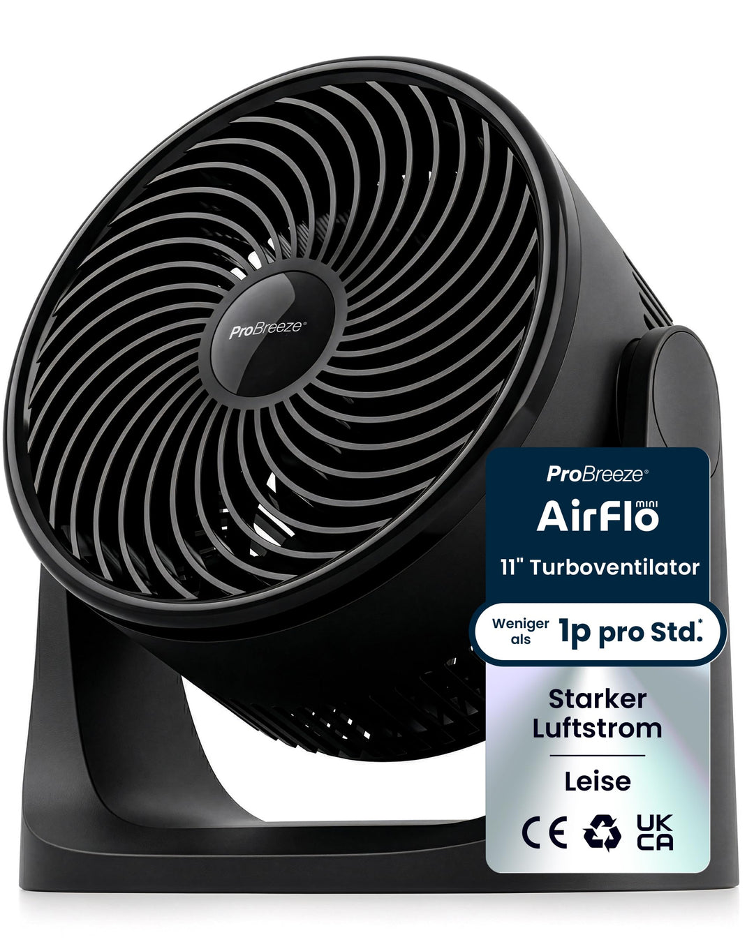 Pro Breeze AirFlo Mini Tischventilator – Leiser Turbo Ventilator mit 3 Stufen, 90° Neigung und kraft