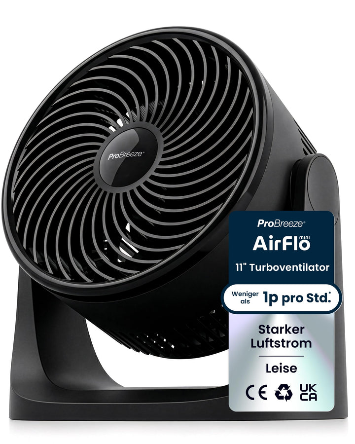 Pro Breeze AirFlo Mini Tischventilator – Leiser Turbo Ventilator mit 3 Stufen, 90° Neigung und kraft