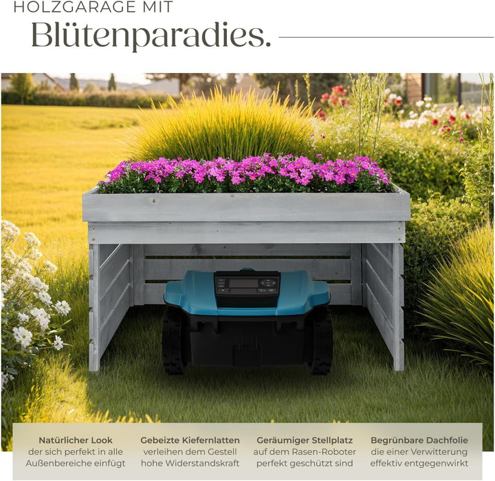 tectake® Mähroboter Garage, Holz Unterstand für Rasenmähroboter, mit Pflanzkasten, wetterfest, Rasen