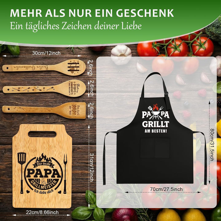 Papa Geschenk Set - Graviertes Bambus Schneidebrett Mit Personalisiertes Schürze und 3 Holzlöffel, B