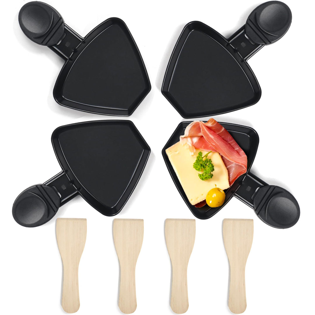 HengBO Raclette Pfännchen Set 4 Stück Mini Antihaftbeschichtet Raclette Pfännchen Ersatz mit 4 Holz