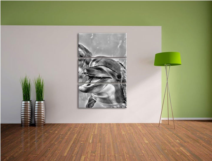 Pixxprint Delfin Paar im Wasser als Leinwandbild/Grösse: 3 Teilig (120x80) / Wandbild/Kunstdruck/fer