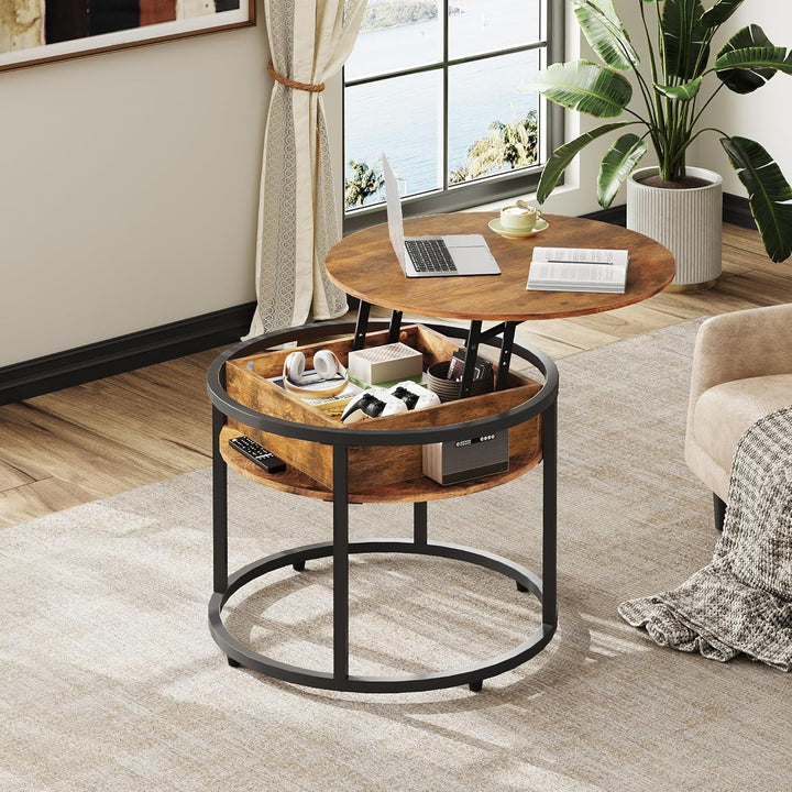WLIVE Couchtisch Rund mit Hebeplatte, Wohnzimmertisch Höhenverstellbar mit Stauraum, 60 x 60 x 50 cm