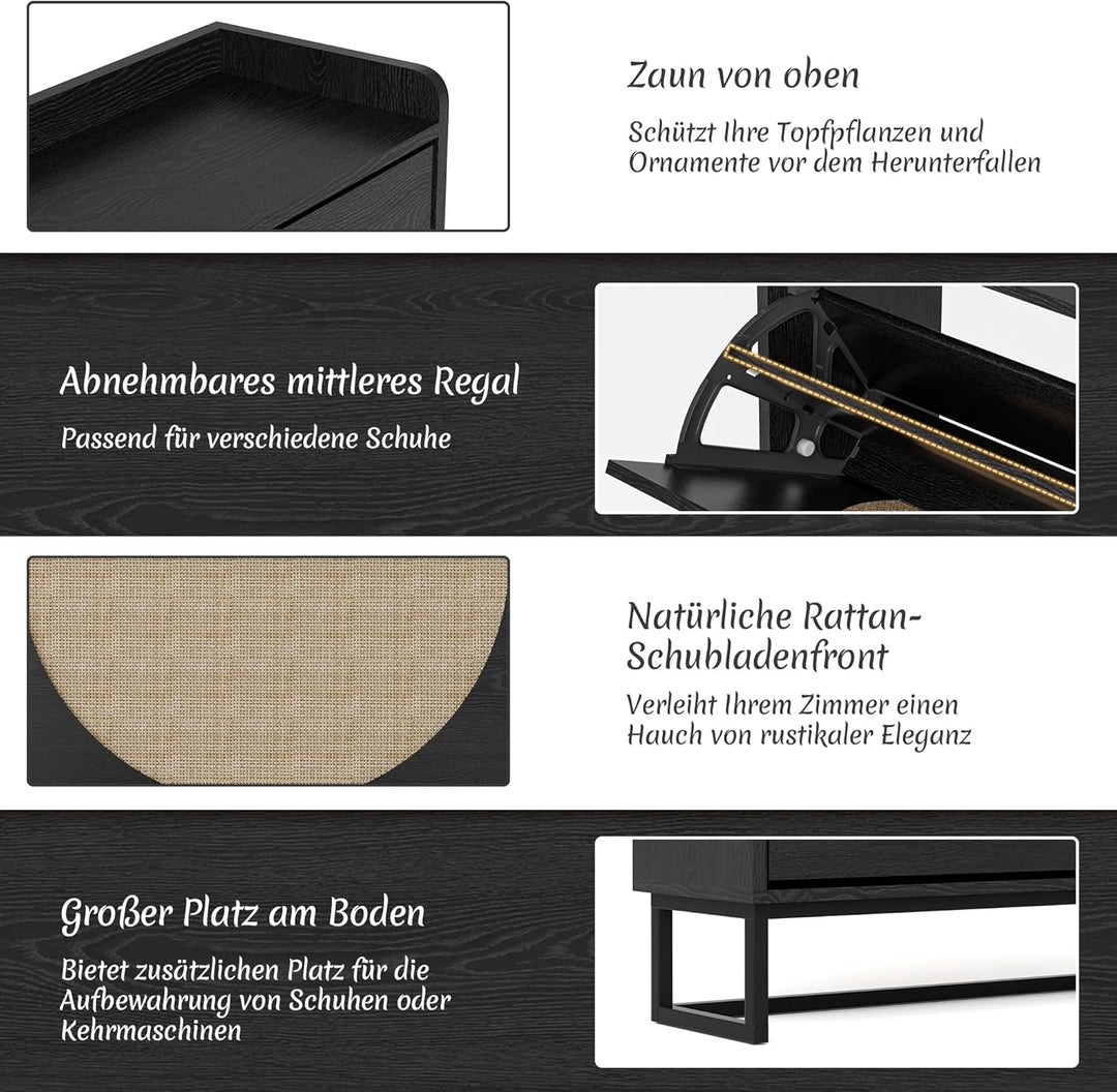BonVache Schuhkommode mit 3 Klappfächern, Grosser Rattan Schuhschrank Schmal Holz, Schuhaufbewahrung