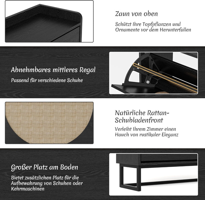 BonVache Schuhkommode mit 3 Klappfächern, Grosser Rattan Schuhschrank Schmal Holz, Schuhaufbewahrung