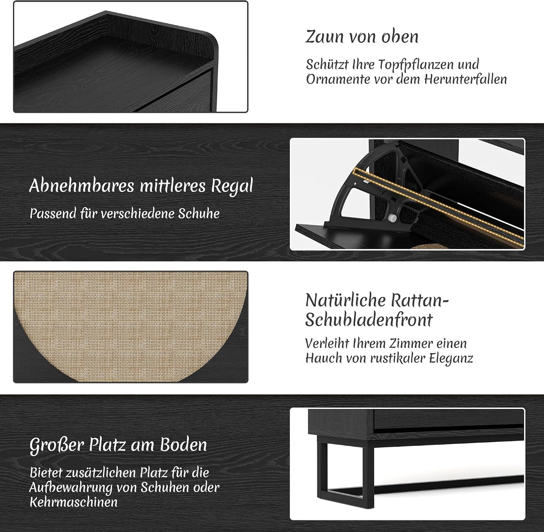 BonVache Schuhkommode mit 4 Klappfächern, Grosser Rattan Schuhschrank Schmal Holz, Schuhaufbewahrung