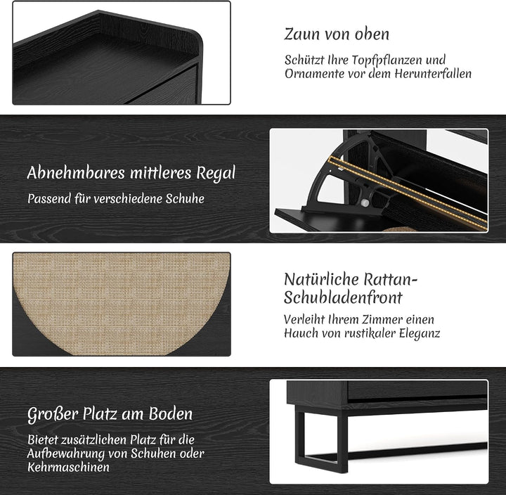 BonVache Schuhkommode mit 4 Klappfächern, Grosser Rattan Schuhschrank Schmal Holz, Schuhaufbewahrung