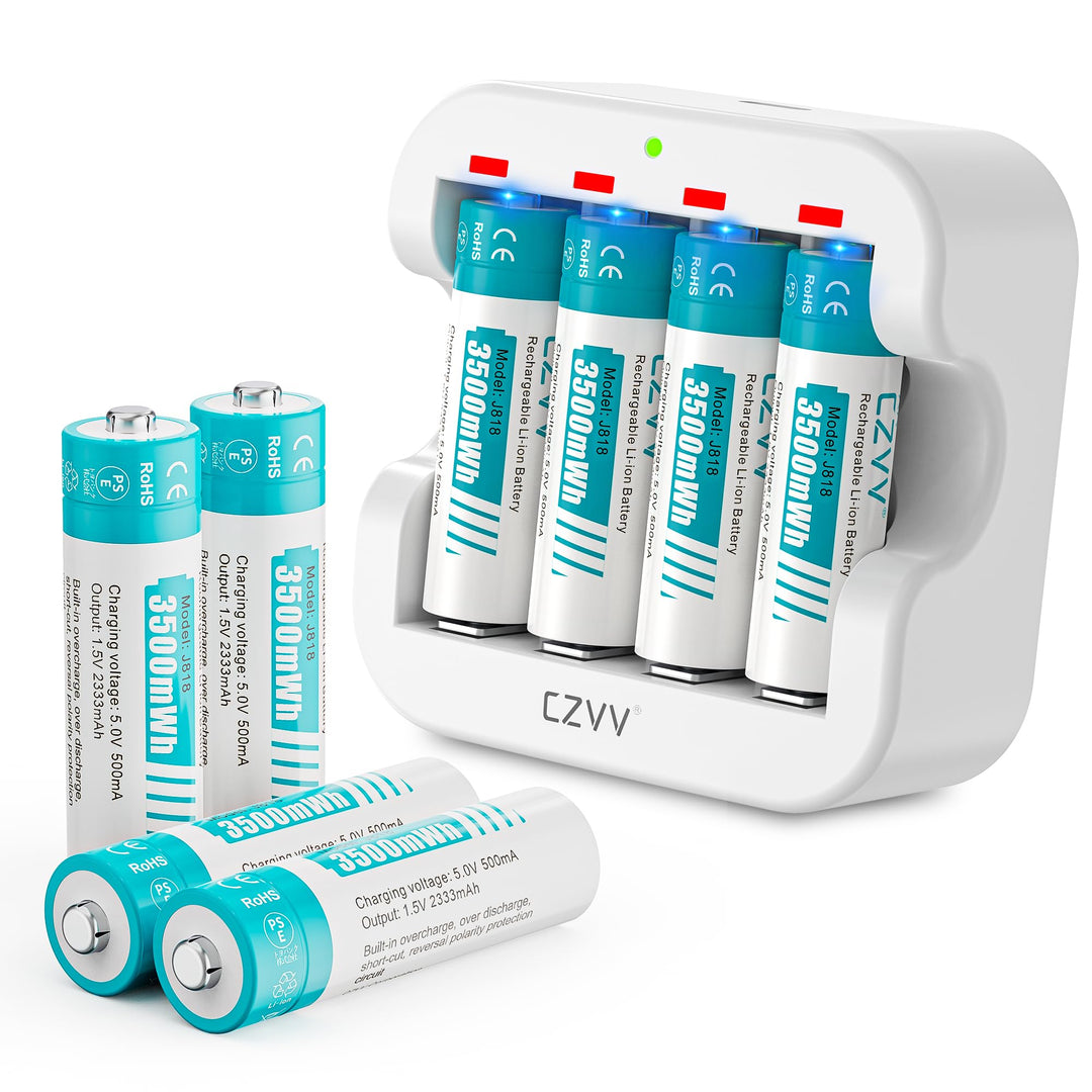 czvv Wiederaufladbare Batterien AA Lithium 1,5V - Hoher Kapazität 3500mWh - 1300 Ladezyklen - 8 Stüc