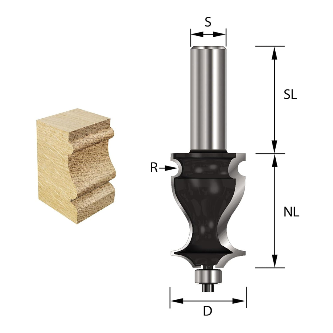 ENT 15450 Dekorativer Langprofilfräser HW, Schaft (S) 8 mm, Durchmesser (D) 19 mm, NL 24,4 mm, R 2 m