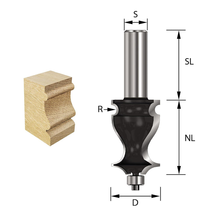 ENT 15450 Dekorativer Langprofilfräser HW, Schaft (S) 8 mm, Durchmesser (D) 19 mm, NL 24,4 mm, R 2 m