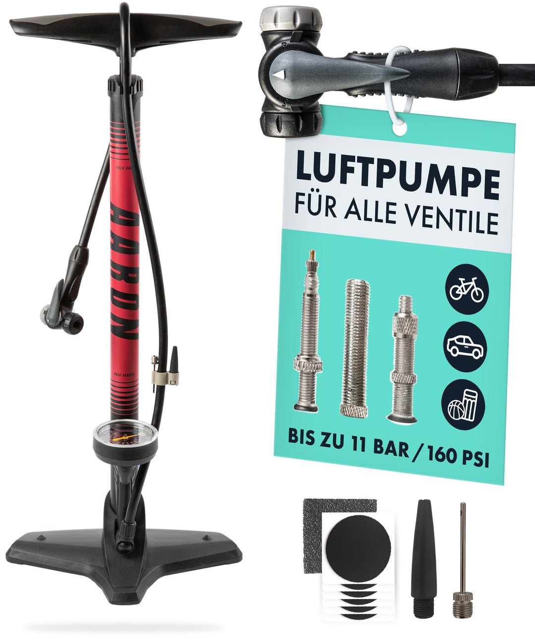 AARON Sport One Fahrrad Standpumpe mit Manometer für alle Ventile | Hochdruck Fahrradpumpe inkl. Bal