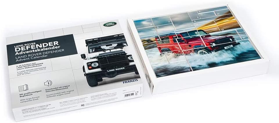 FRANZIS 67155 - Land Rover Defender Adventskalender, Metall Modellbausatz im Massstab 1:43, inkl. So