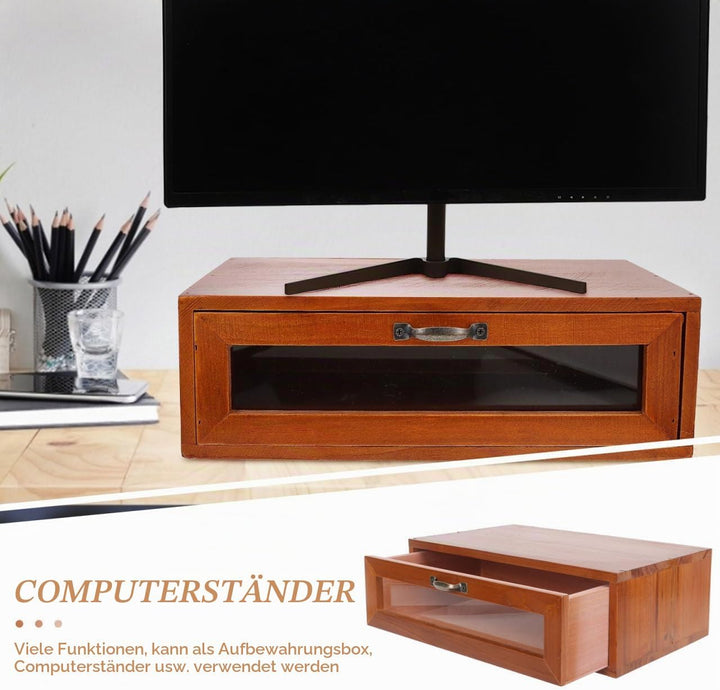 UKCOCO Monitorständer Mit Schublade: Retro Schreibtisch Monitor Erhöhung Holz Desktop Organizer Und