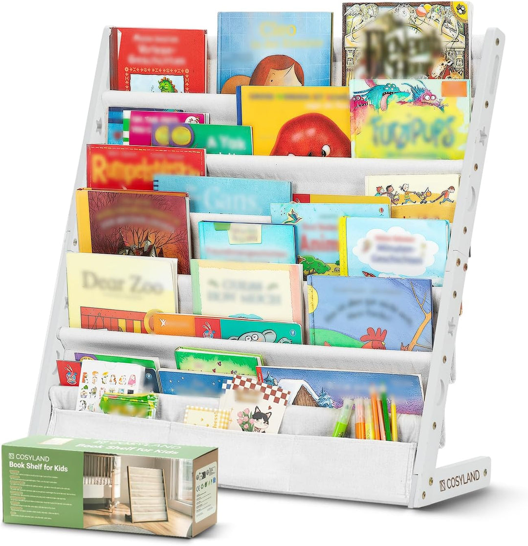 COSYLAND Bücherregal Kinder mit 6 Oxford-Stoff Fächern - Kinderbücherregal aus Naturholz - Bücherreg