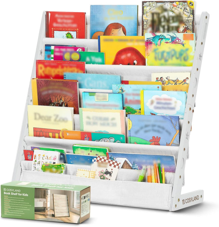 COSYLAND Bücherregal Kinder mit 6 Oxford-Stoff Fächern - Kinderbücherregal aus Naturholz - Bücherreg