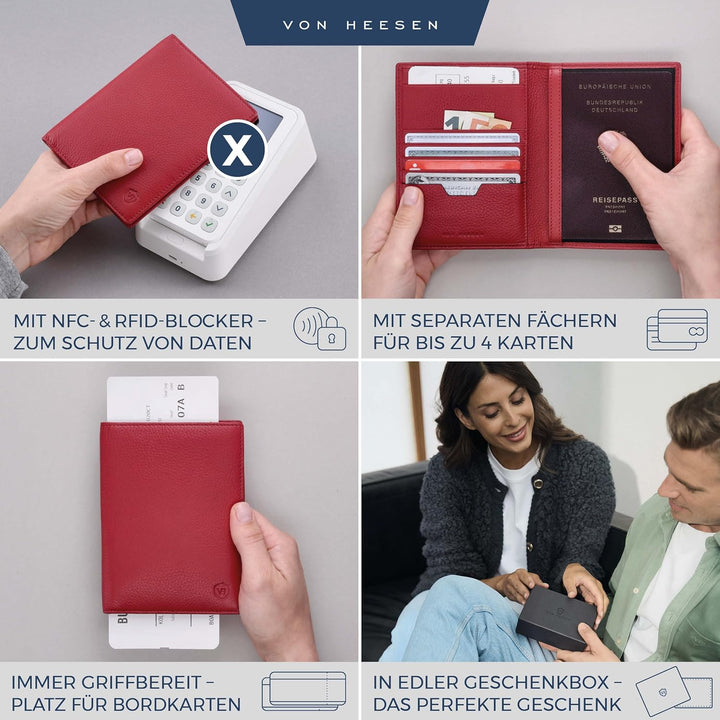 VON HEESEN® Reisepasshülle Leder Etui mit RFID-Schutz - Passhülle Passport Reisepass Mappe Hülle Org