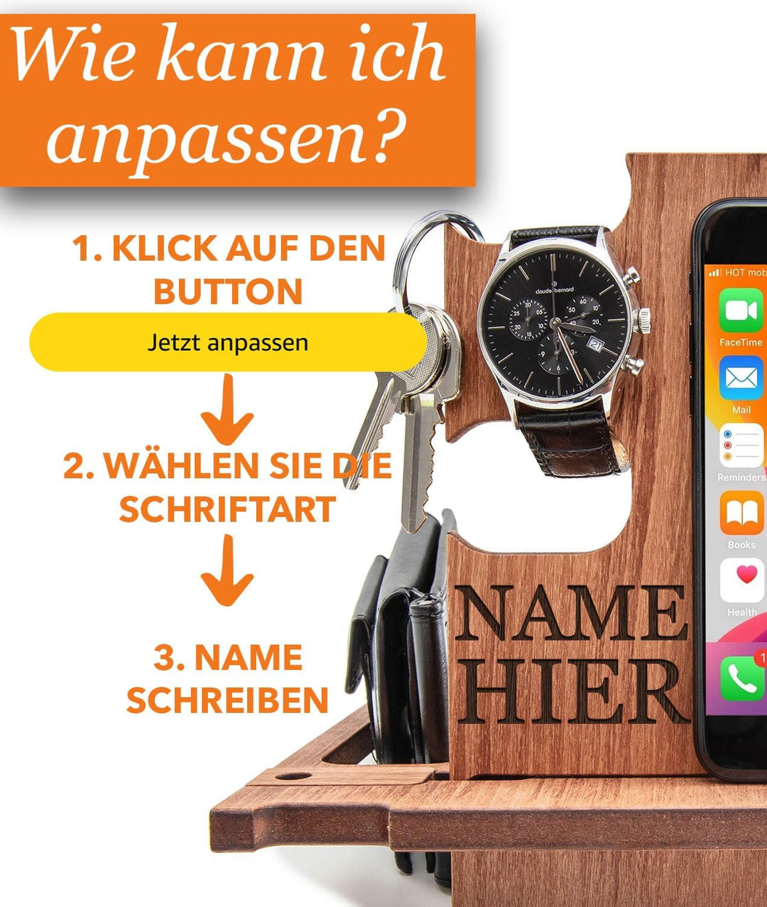 Personalisierte Docking Station aus Holz – Geschenk zum Geburtstag für Männer – Handyhalterung & Org
