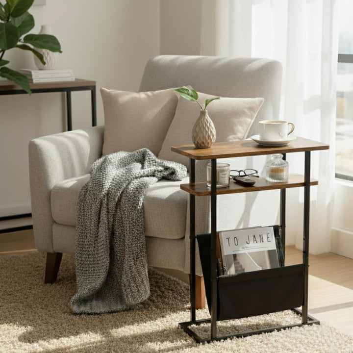 Kleiner Beistelltisch für kleine Räume, Schlanker Couchtisch mit Zeitschriftenhalter - 2 in 1 Schmal