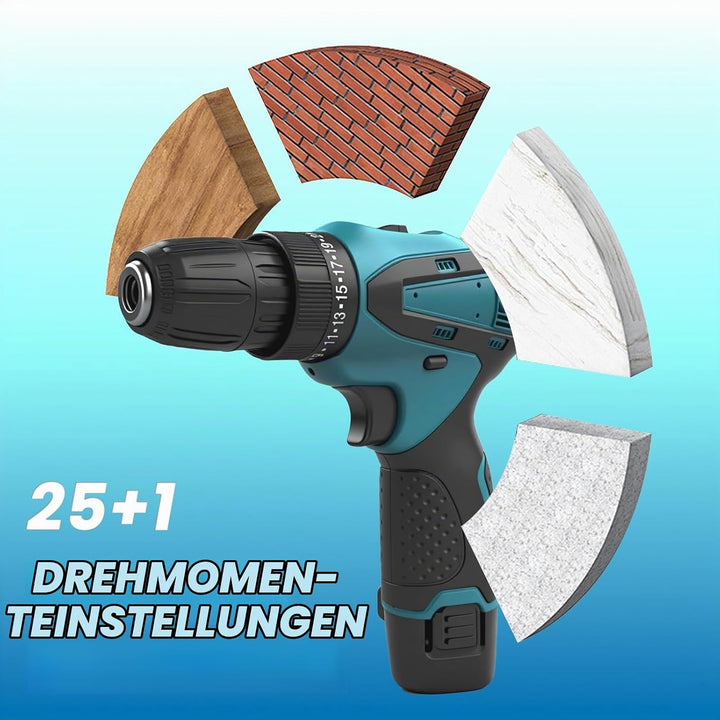 Akkuschrauber, 12V Akku Bohrschrauber Set, 25+1 Akkubohrer 25Nm Drehmoment Max, 23tlg Zubehör und Tr