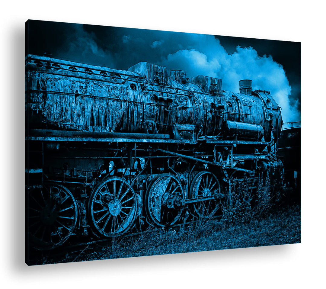 deyoli uralte Dampflokomotive Format 60x40 Effekt: Monocrome Blau als Leinwandbild, Motiv fertig ger