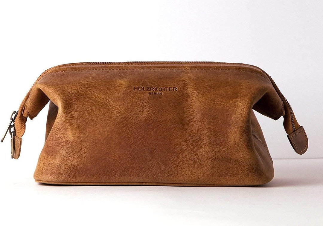 HOLZRICHTER Berlin handgefertigter Leder Kulturbeutel (M). Grosse, hochwertige Kulturtasche aus Lede
