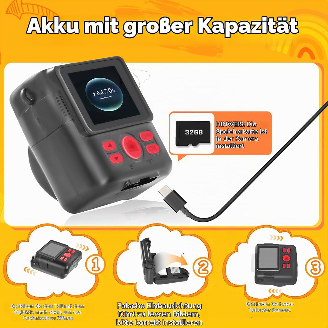 Kinderkamera Sofortbildkamera, 1080P HD Digitalkamera Kinder mit 2,4 Zoll 32G Karte und Fotopapier D