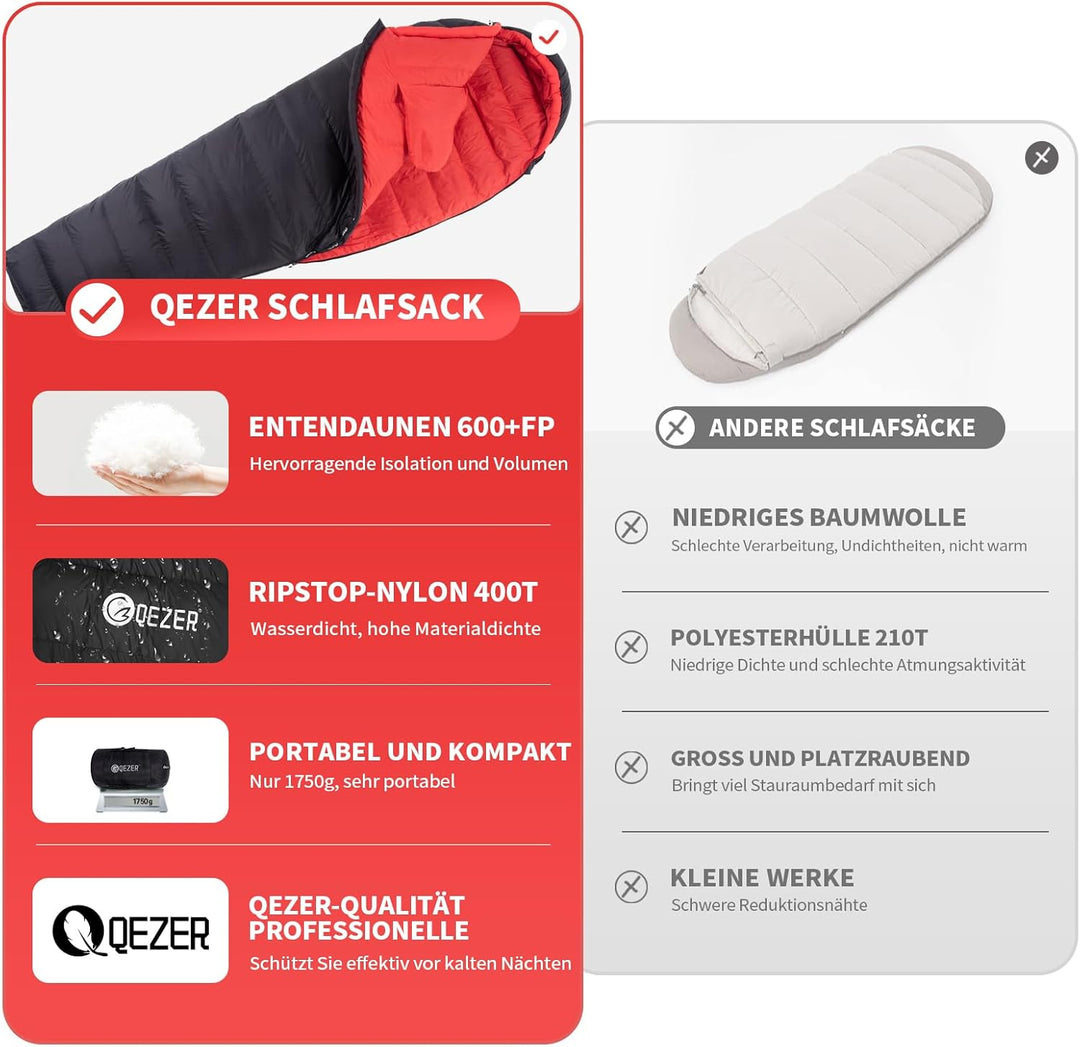 Daunenschlafsack, Schlafsack Ultraleicht, 600FP+ Premium Daunen, Geeignet für Winter/Sommer, geeigne