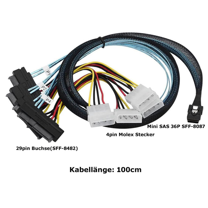 Bolwins P47CS Mini SAS 36-Pin Stecker (SFF-8087) auf 4x 29-Pin SFF-8482 & 4-Pin Molex IDE-Stromkabel