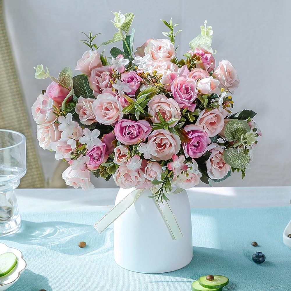 LESING Künstliche Seidenrose mit Vase, künstliche Blumen, Hochzeitsblumen, Blumensträusse, Arrangeme