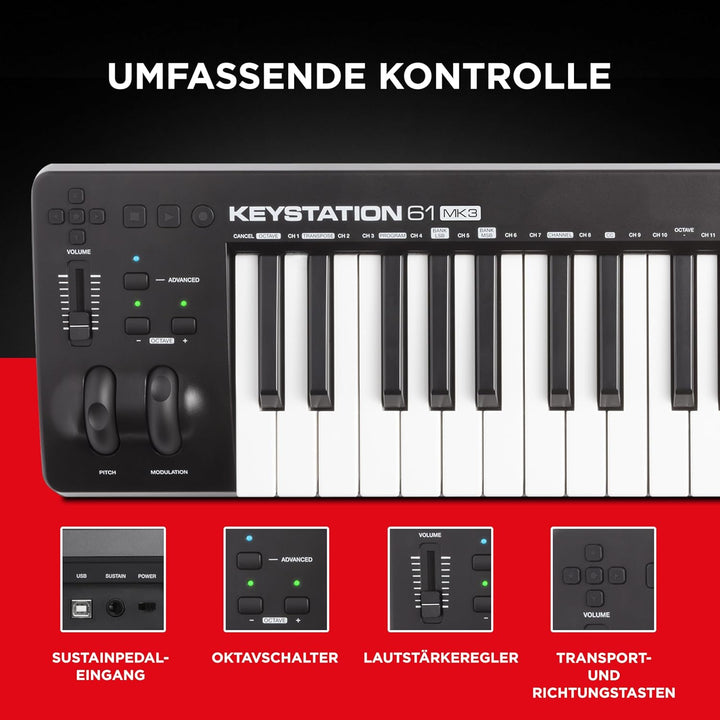 M-Audio Keystation 61 MKIII - Kompakter 61-Tasten MIDI Keyboard Controller mit zuweisbaren Reglern,