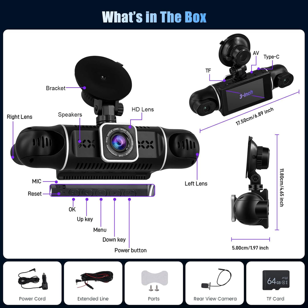 4 Kanal Dashcam Auto Vorne Hinten 2K+1080P*3, 360° 4 Kanal Dashcam, WiFi Dash Cam mit APP Steuerung,