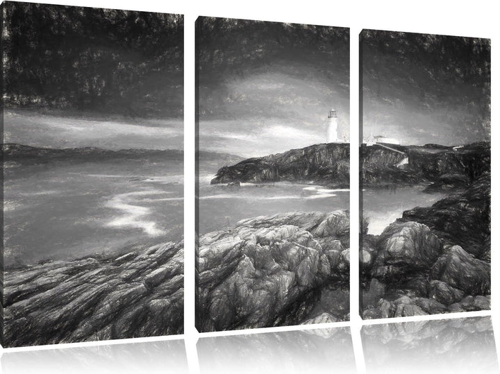 Pixxprint Leuchtturm im Meer Kohle Effekt 3-Teiler Leinwandbild 120x80 Bild auf Leinwand