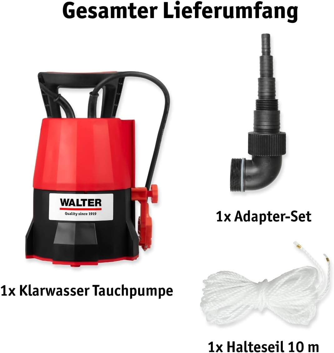 WALTER Klarwasser Tauchpumpe 400 W – 7000 L/h, 7 m Tauchtiefe, Flachsaugend (5 mm) – Schwimmschalter
