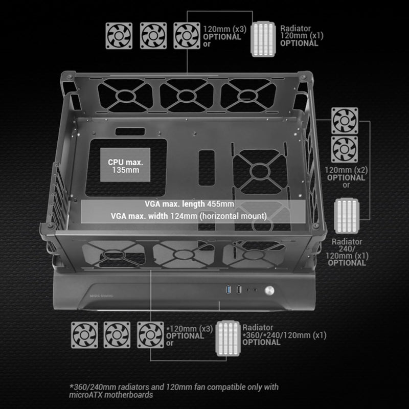 MarsGaming MCB Schwarz, PC Gaming ATX XL Gehäuse, Custom Premium Edition, Modularer Zweikammer Aufba