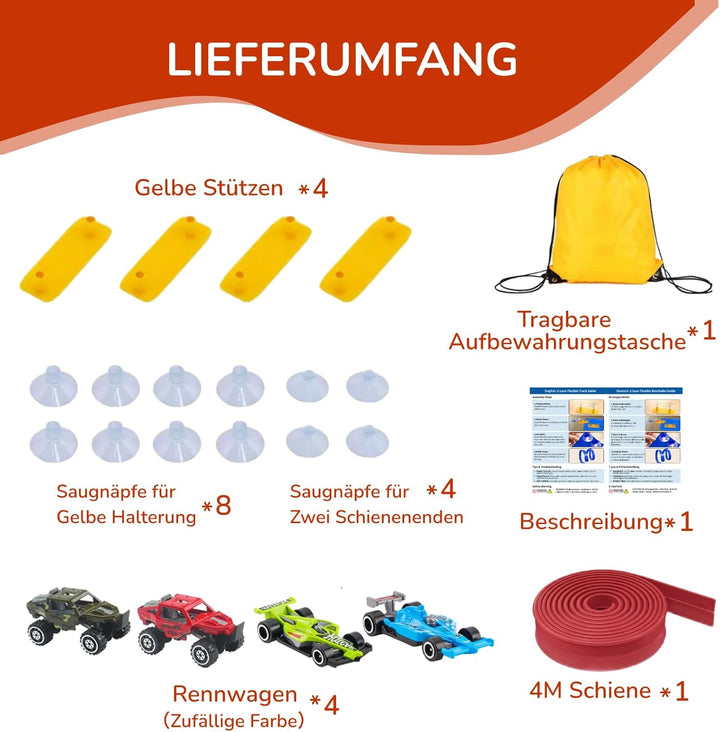 Autorennbahn Flexible Rennstrecke mit 4 Autos & Tragtasche – Soft Rennbahn Spielzeug für Kinder ab 3
