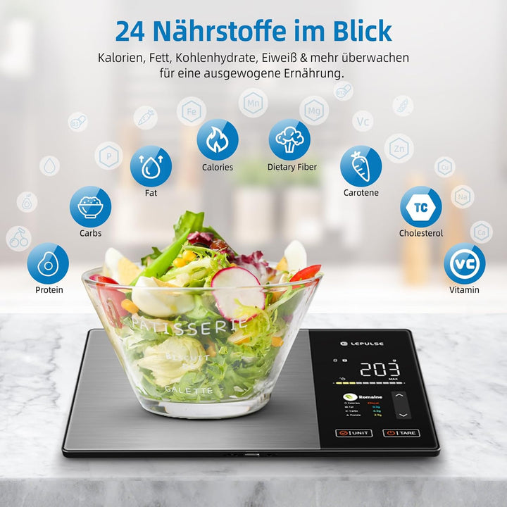 Digitale Küchenwaage mit Nährwertberechnung, Lebensmittelwaage mit 24 Nährwertanalyse, 5kg Edelstahl