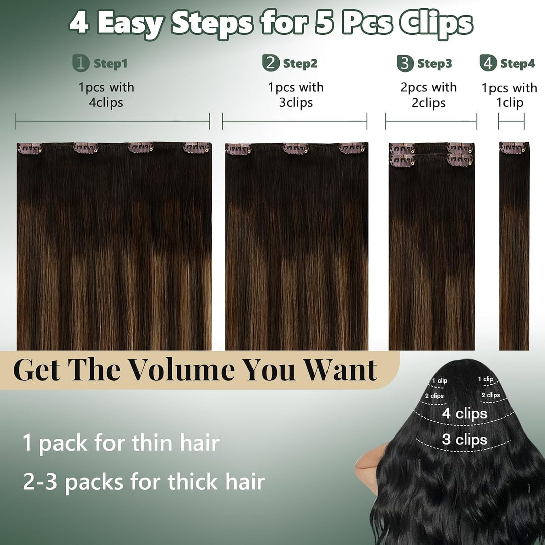 Ugeat Extensions Haare Echthaar Clips 30cm Clip in Extensions Echthaar Balayage Dunkelstes Braun mit