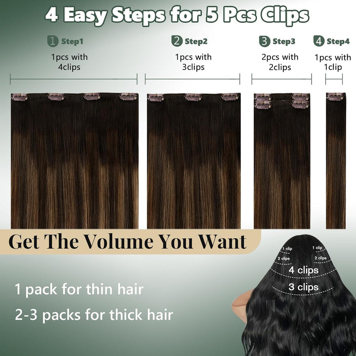 Ugeat Extensions Haare Echthaar Clips 30cm Clip in Extensions Echthaar Balayage Dunkelstes Braun mit