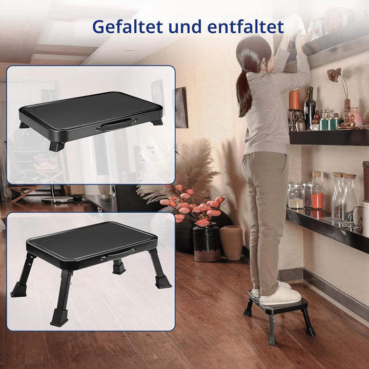 BONTEC Klappbarer Tritthocker, 150 kg Kapazität, Anti-Rutsch-Pedal, tragbare Metallleiter mit Griff,
