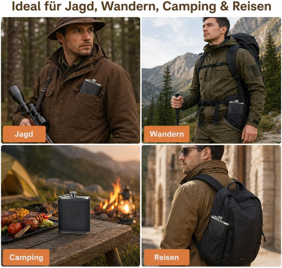 Jäger Geschenk Flachmann mit Hirsch Gravur - 6oz/180ml Edelstahl Flask Set in Geschenkbox mit 2x10ml